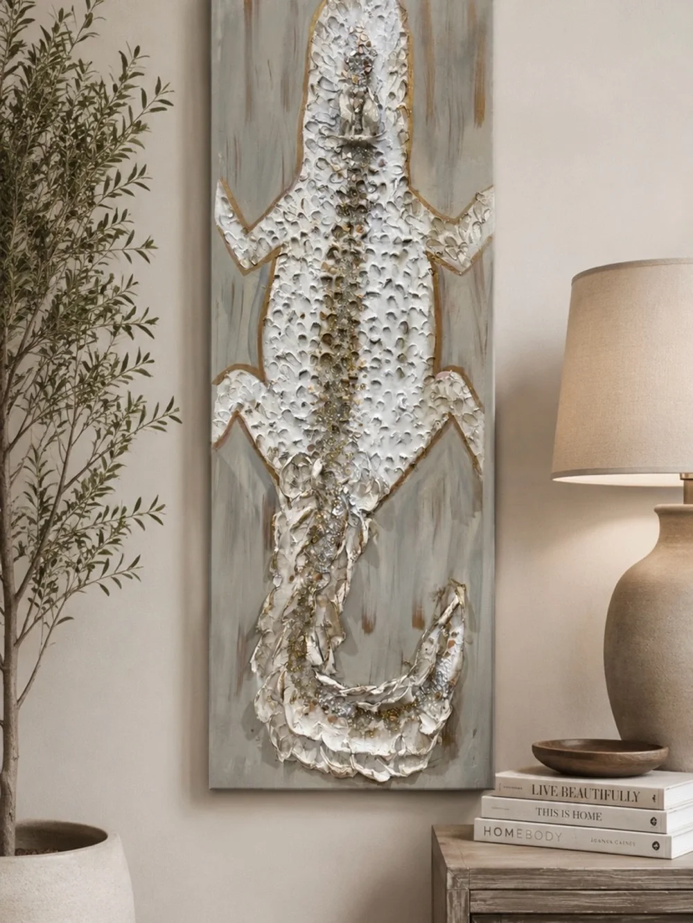 Original White Alligator Painting | Textured Coastal Wall Art | Mixed Media